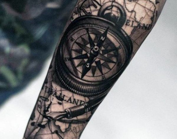 Craft a tattoo design that seamlessly integrating the tree of life, a  doctor bird, lignum vitae flowers, a nautical compass, and an old School  pocket watch. The design should flow from the